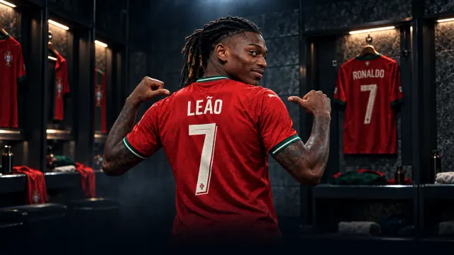 Portekiz’in kırmızı formasıyla sırtındaki LEÃO 7 yazısını iki eliyle gösteren Rafael Leão; arkada askıda Ronaldo’nun 7 numaralı forması (temsilî görsel)